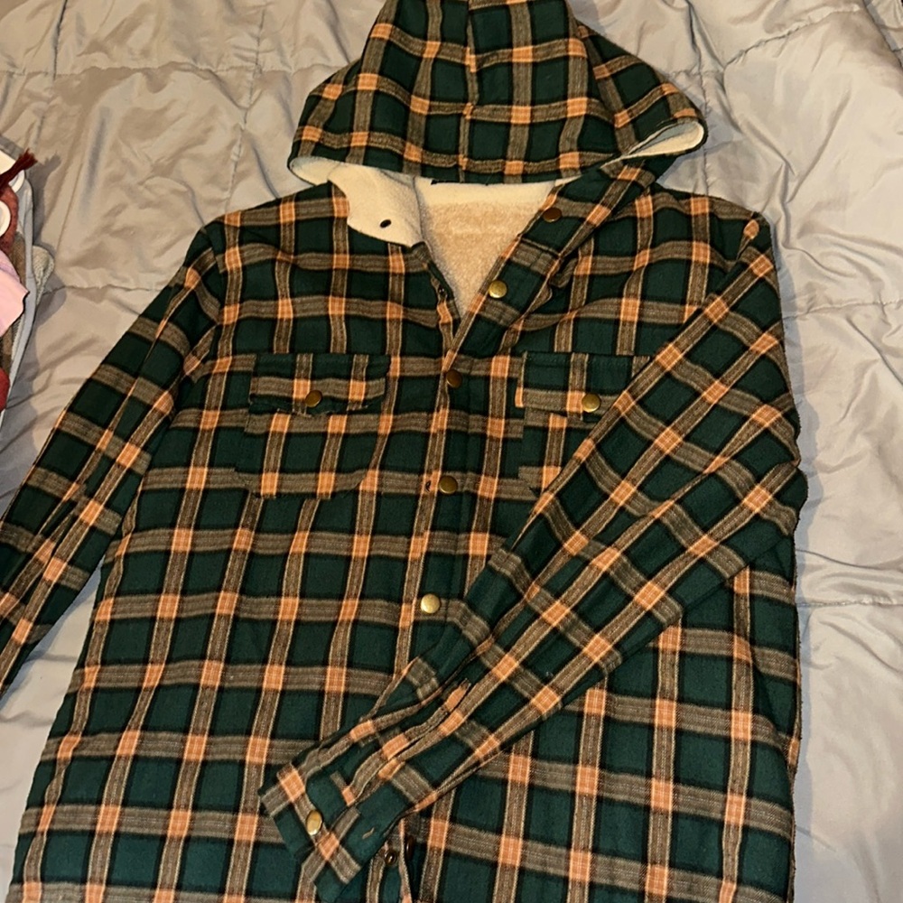 Green and khaki flannel hoodie with fleece lining